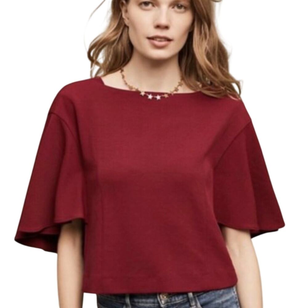 ANTHROPOLOGIE ERI + ALI Women’s Boho Cranberry Flutter Sleeve Knit Top